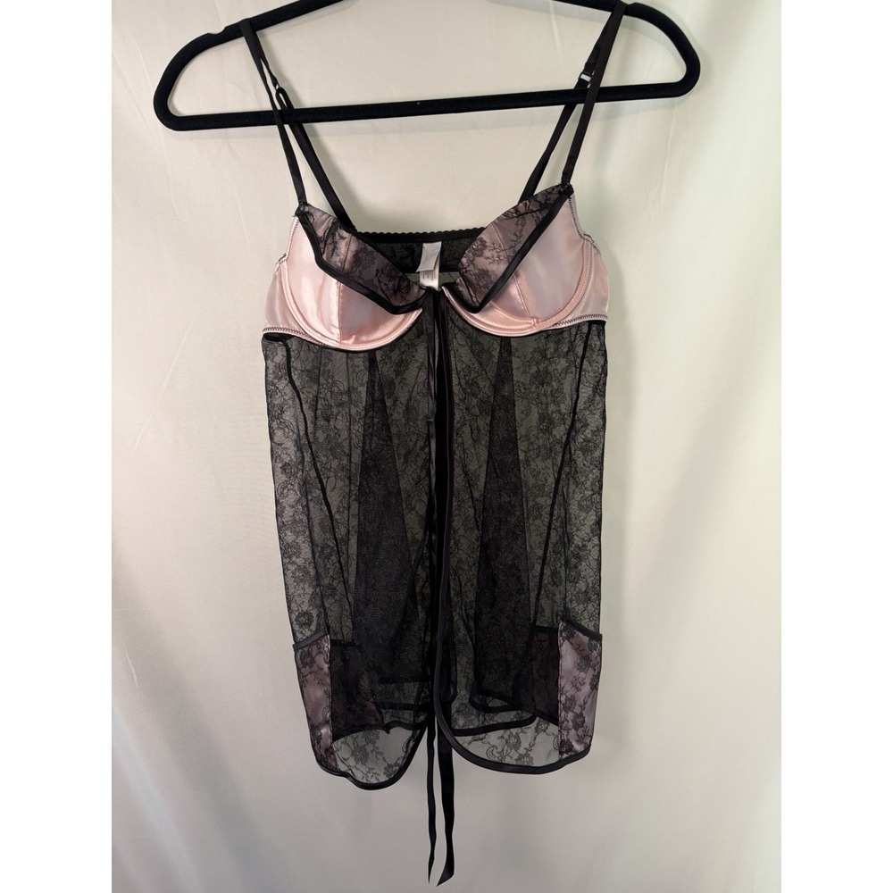Victorias Secret 34B Baby Doll Lace Chemise Lingerie Sleep Y2K VTG Black Pink